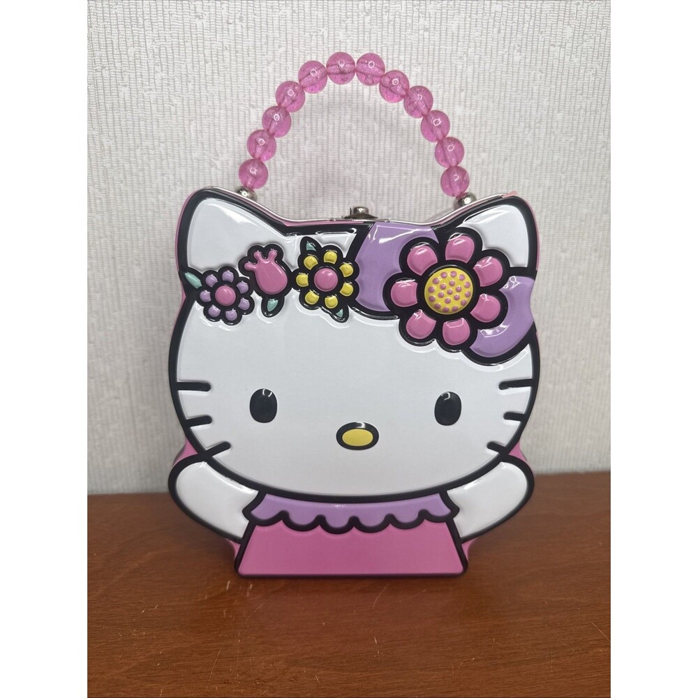 Sanrio Hello Kitty Metal Lunchbox Purse Storage Tin Case Pink Bead Handle Cute
